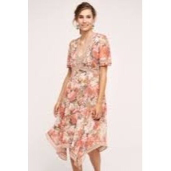 Anthropologie Ranna Gill Rose Floral V Neck Bouquet‎ Dress Lace Detail Sz 2 - Picture 1 of 5